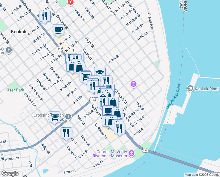 map of restaurants, bars, coffee shops, grocery stores, and more near 117 North 7th Street in Keokuk