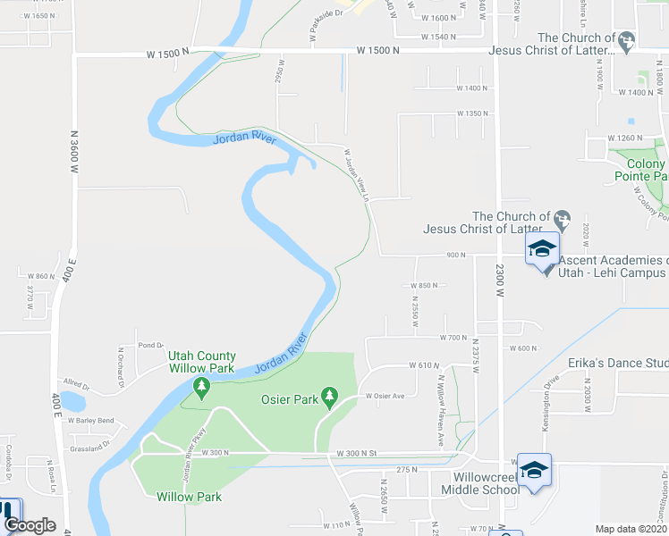 map of restaurants, bars, coffee shops, grocery stores, and more near Jordan River Trail in Lehi