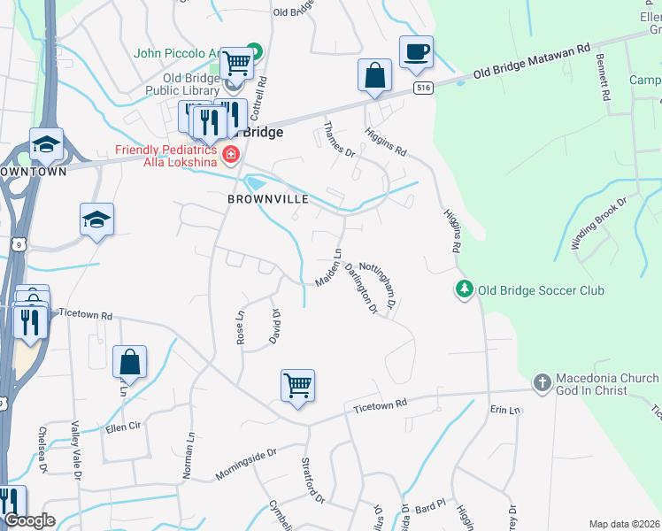 map of restaurants, bars, coffee shops, grocery stores, and more near 344 Maiden Lane in Old Bridge