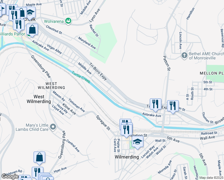 map of restaurants, bars, coffee shops, grocery stores, and more near 662 Middle Avenue in Wilmerding