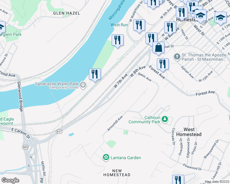 map of restaurants, bars, coffee shops, grocery stores, and more near 636 West 7th Avenue in Homestead