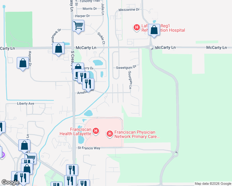 map of restaurants, bars, coffee shops, grocery stores, and more near 3975 Amelia Avenue in Lafayette
