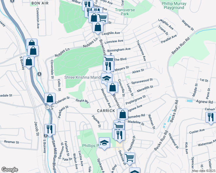 map of restaurants, bars, coffee shops, grocery stores, and more near 1704 Brownsville Road in Pittsburgh