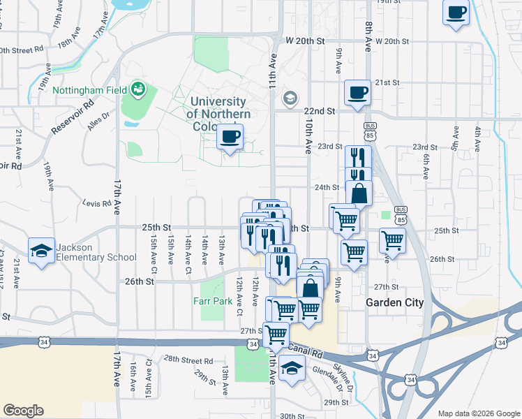 map of restaurants, bars, coffee shops, grocery stores, and more near 2429 11th Avenue in Greeley