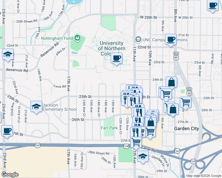 map of restaurants, bars, coffee shops, grocery stores, and more near 2424 13th Avenue in Greeley