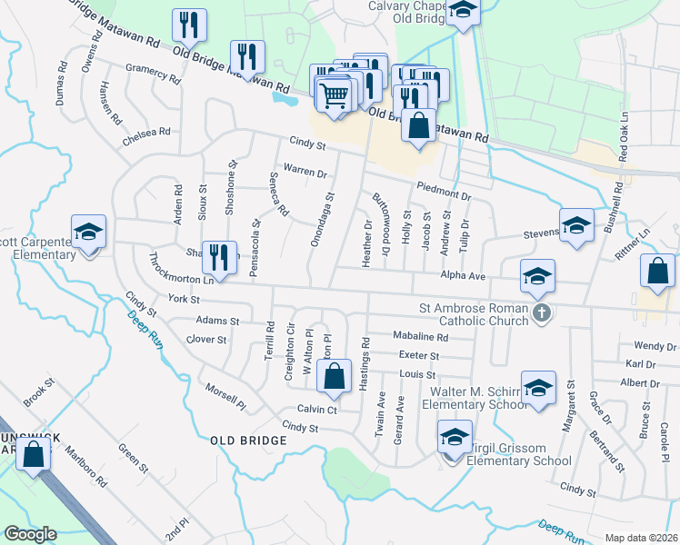 map of restaurants, bars, coffee shops, grocery stores, and more near 70 Gaub Road in Old Bridge