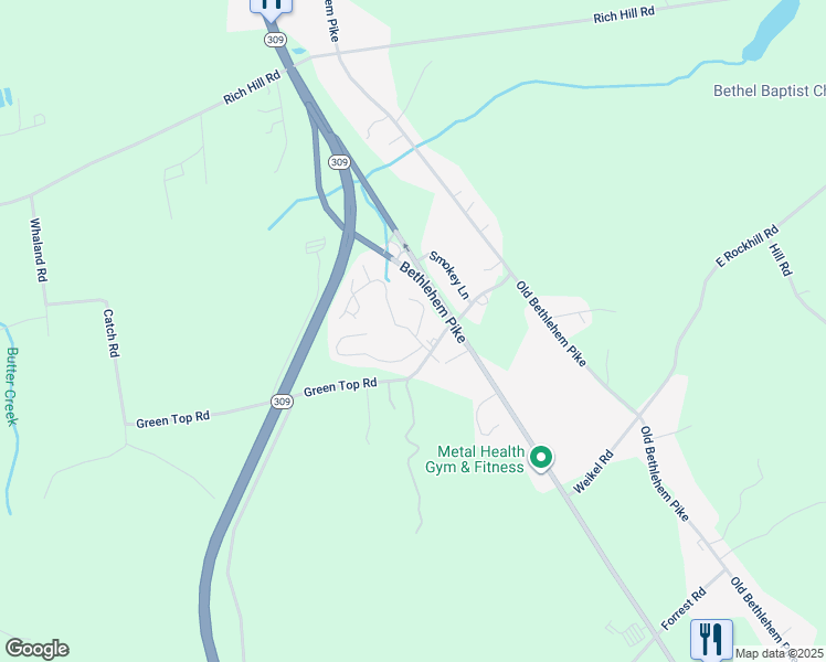 map of restaurants, bars, coffee shops, grocery stores, and more near 107 Green Top Road in Sellersville