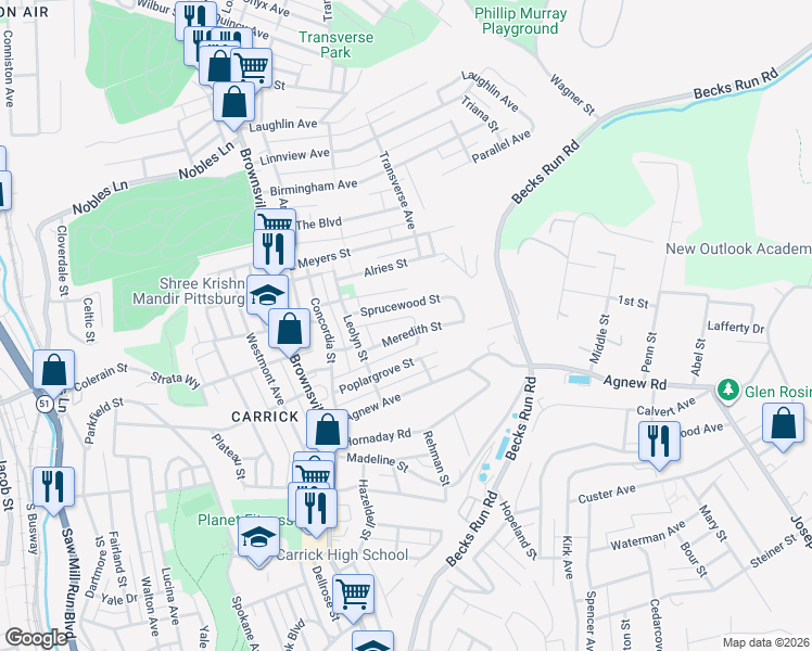 map of restaurants, bars, coffee shops, grocery stores, and more near 306 Meredith Street in Pittsburgh