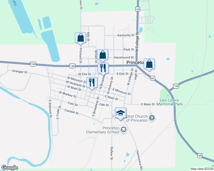 map of restaurants, bars, coffee shops, grocery stores, and more near 809 East Missouri Street in Princeton