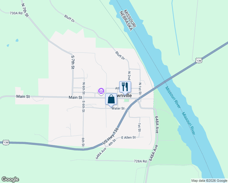 map of restaurants, bars, coffee shops, grocery stores, and more near 318 East Main Street in Brownville