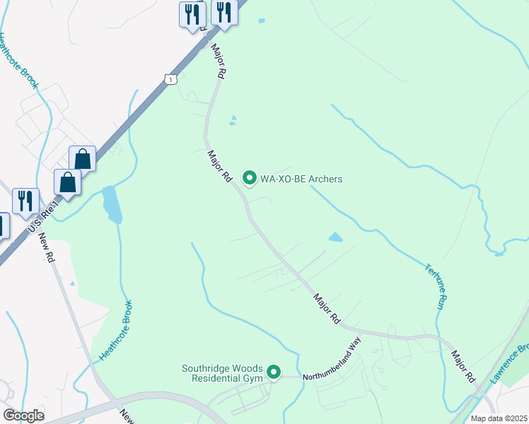 map of restaurants, bars, coffee shops, grocery stores, and more near 67 Major Road in South Brunswick Township