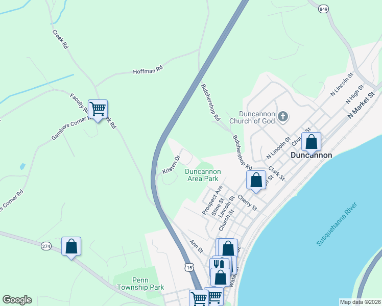 map of restaurants, bars, coffee shops, grocery stores, and more near Pfautz Road in Duncannon