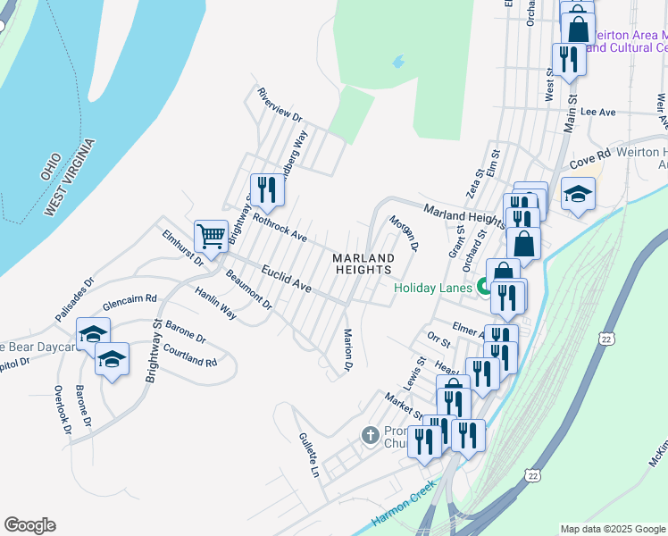 map of restaurants, bars, coffee shops, grocery stores, and more near 3716 Marlamont Way in Weirton