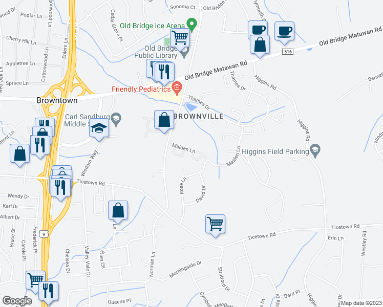 map of restaurants, bars, coffee shops, grocery stores, and more near 17 Canterbury Court in Old Bridge Township