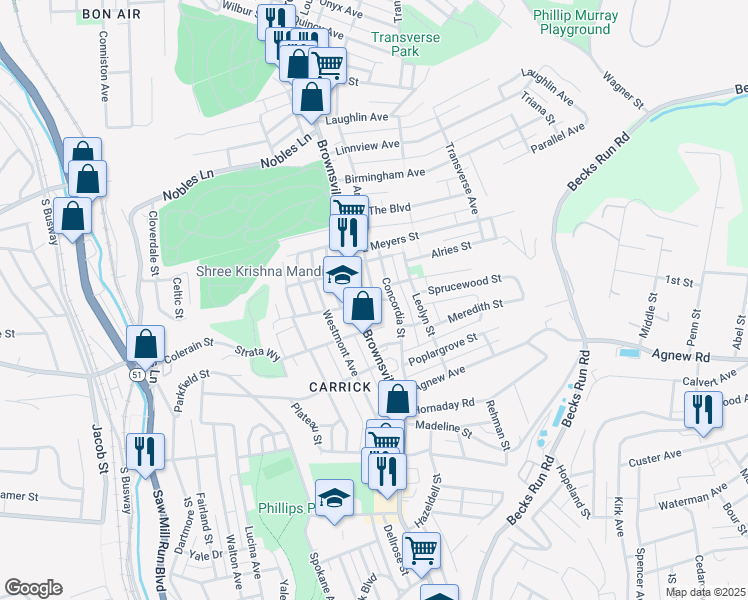 map of restaurants, bars, coffee shops, grocery stores, and more near 1712 Amanda Street in Pittsburgh