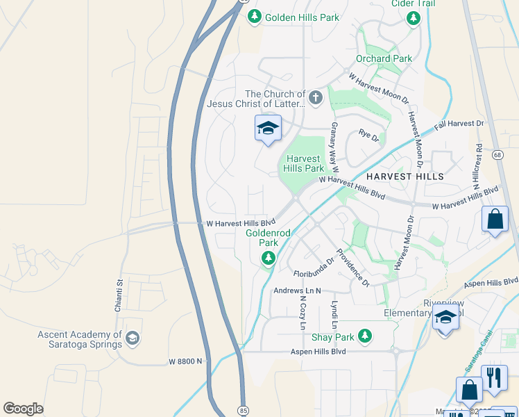 map of restaurants, bars, coffee shops, grocery stores, and more near 1993 Churchill Drive in Saratoga Springs