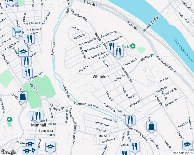 map of restaurants, bars, coffee shops, grocery stores, and more near in Whitaker