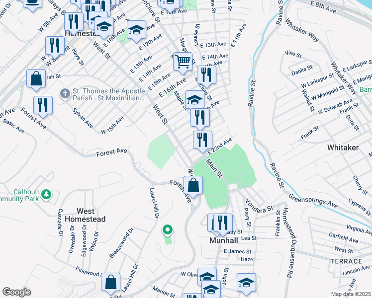 map of restaurants, bars, coffee shops, grocery stores, and more near 2014 West Street in Munhall