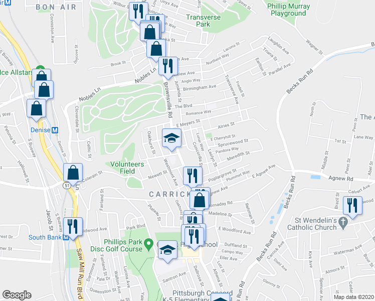 map of restaurants, bars, coffee shops, grocery stores, and more near 1712 Amanda Street in Pittsburgh