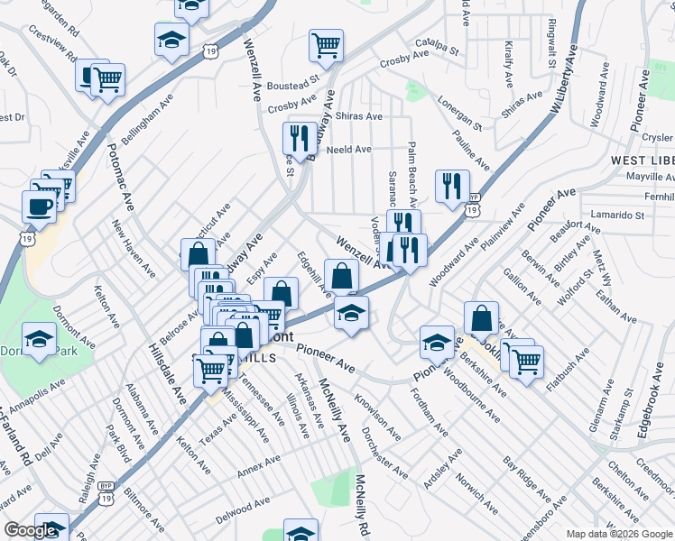 map of restaurants, bars, coffee shops, grocery stores, and more near 62 Wenzell Place in Pittsburgh