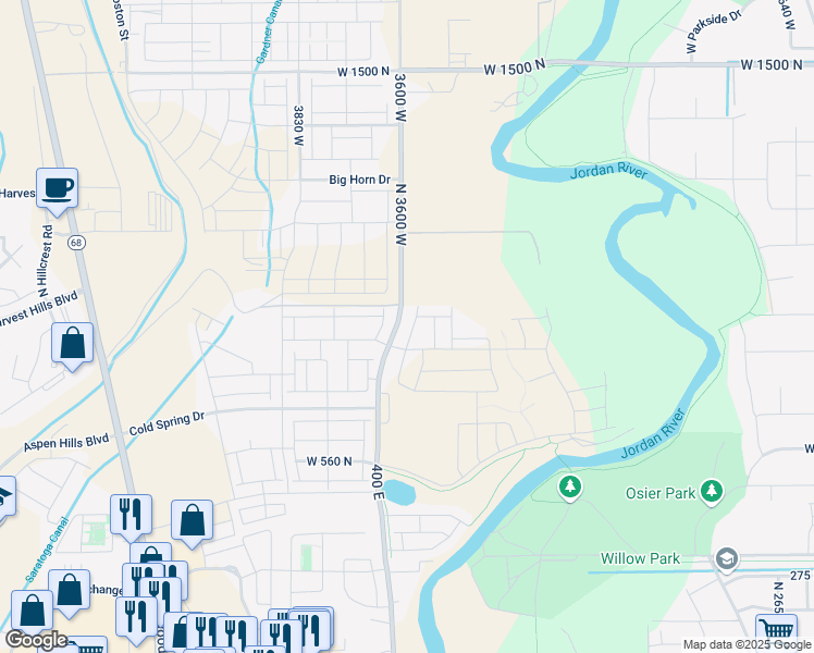 map of restaurants, bars, coffee shops, grocery stores, and more near 8982 400 East in Lehi