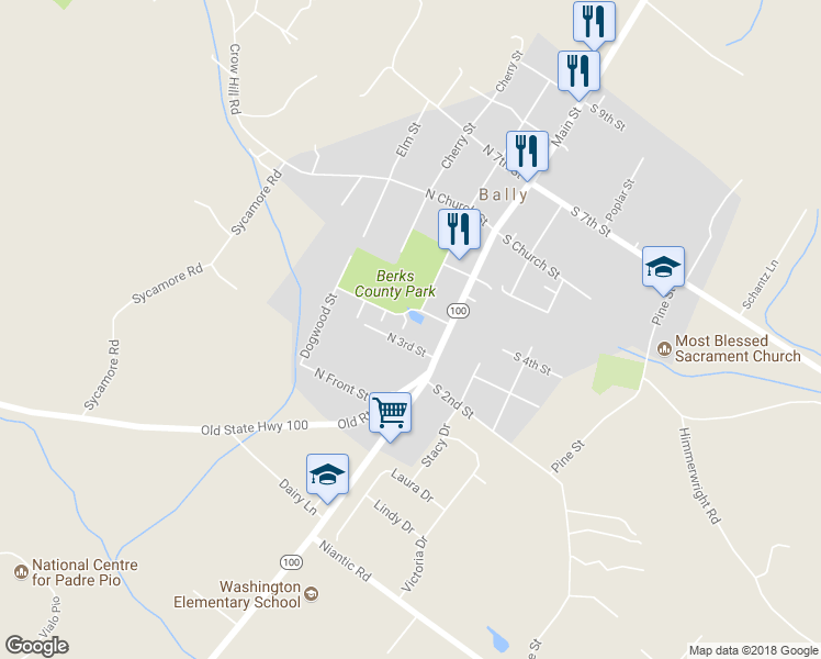 map of restaurants, bars, coffee shops, grocery stores, and more near 115 North 4th Street in Bally