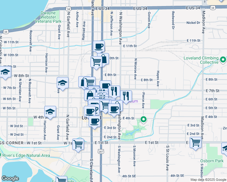 map of restaurants, bars, coffee shops, grocery stores, and more near 414 East 7th Street in Loveland