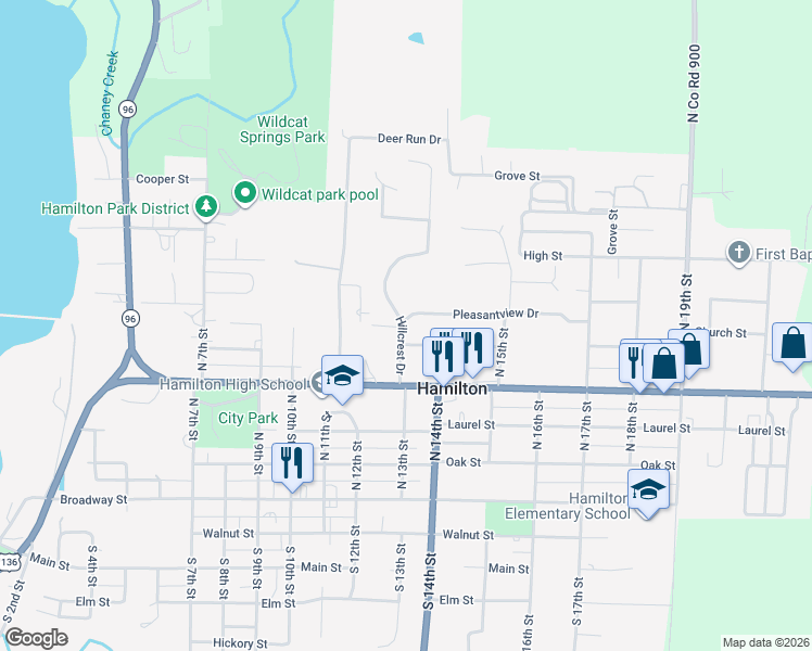 map of restaurants, bars, coffee shops, grocery stores, and more near 201 Hillcrest Drive in Hamilton