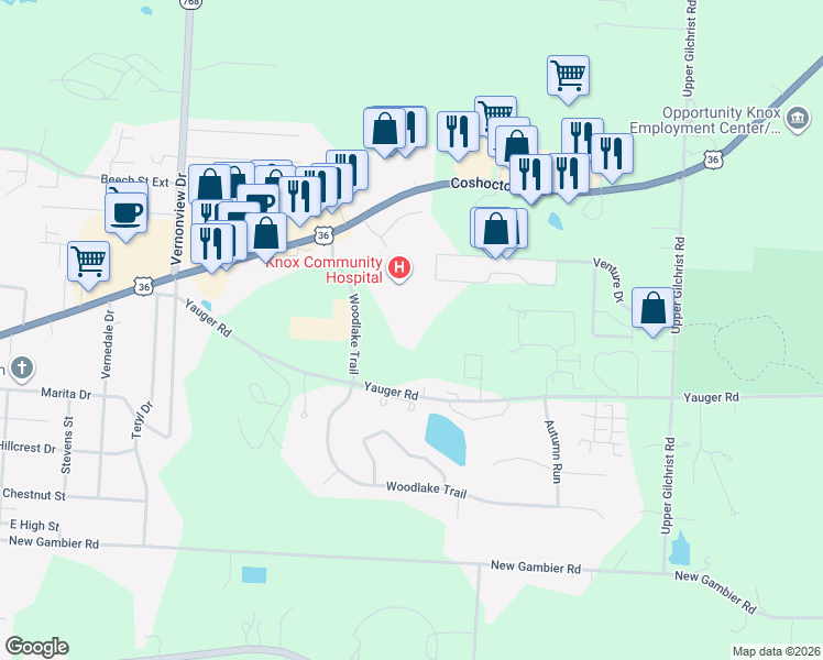 map of restaurants, bars, coffee shops, grocery stores, and more near 1330 Coshocton Avenue in Mount Vernon