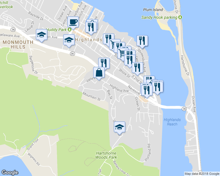 map of restaurants, bars, coffee shops, grocery stores, and more near 127 Highland Avenue in Highlands