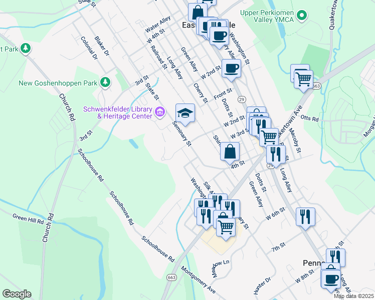 map of restaurants, bars, coffee shops, grocery stores, and more near 207 Seminary Street in Pennsburg