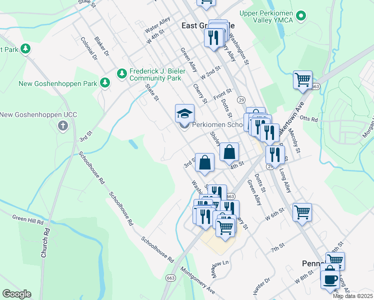 map of restaurants, bars, coffee shops, grocery stores, and more near 207 Seminary Street in Pennsburg