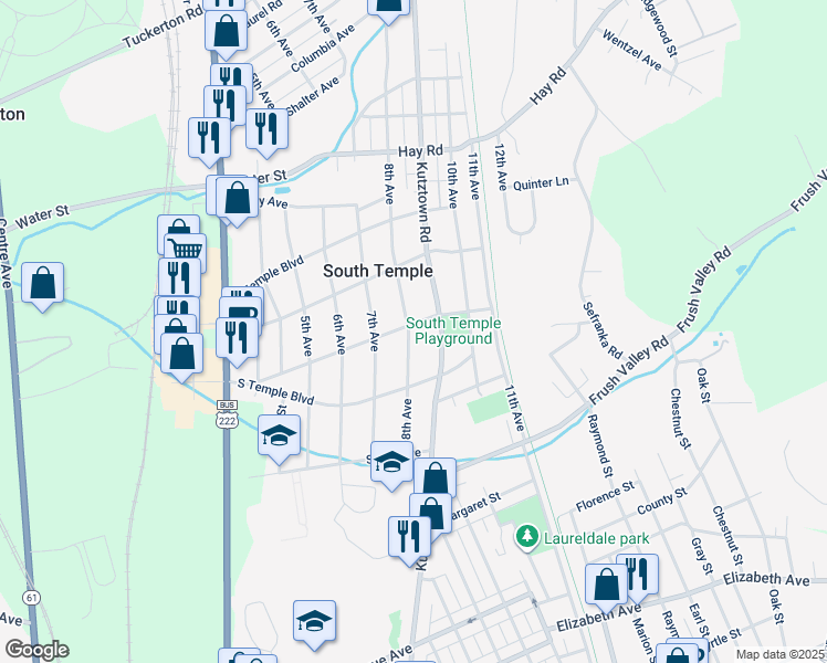map of restaurants, bars, coffee shops, grocery stores, and more near 4140 Kutztown Road in Temple
