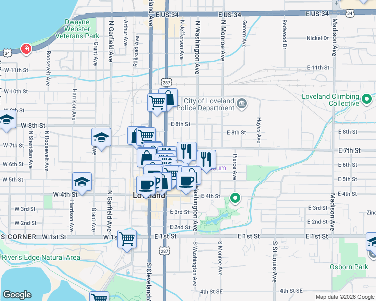map of restaurants, bars, coffee shops, grocery stores, and more near 335 East 6th Street in Loveland