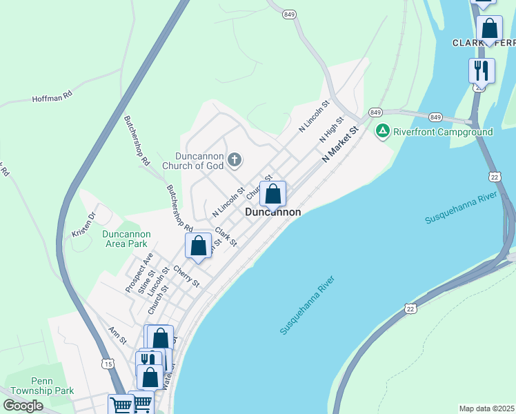 map of restaurants, bars, coffee shops, grocery stores, and more near 8 Susan Street in Duncannon