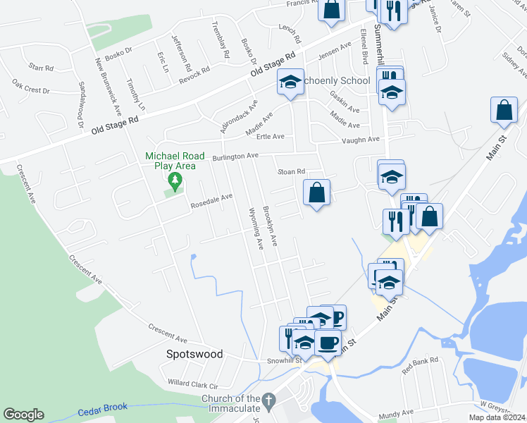map of restaurants, bars, coffee shops, grocery stores, and more near 233 Brooklyn Avenue in Spotswood