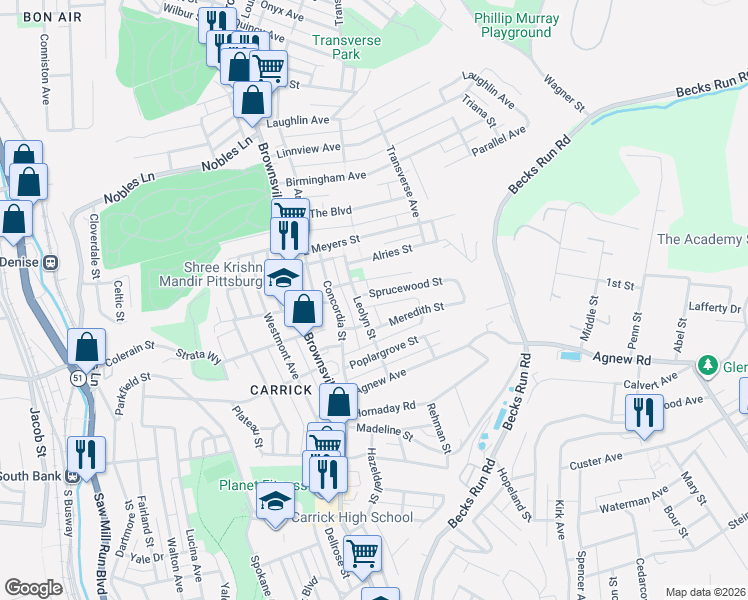 map of restaurants, bars, coffee shops, grocery stores, and more near 221 Meredith Street in Pittsburgh