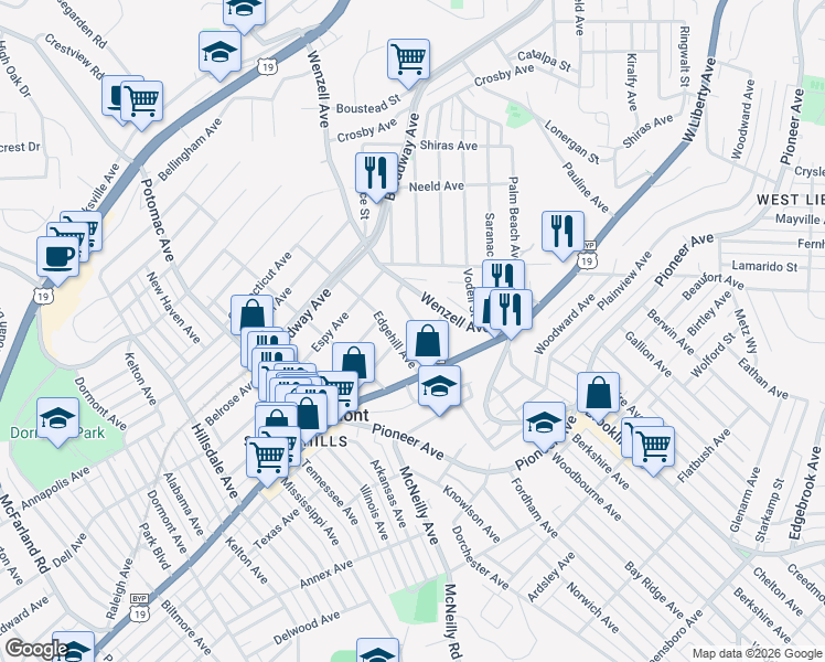 map of restaurants, bars, coffee shops, grocery stores, and more near 62 Wenzell Place in Pittsburgh