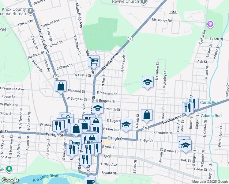 map of restaurants, bars, coffee shops, grocery stores, and more near 112 East Pleasant Street in Mount Vernon
