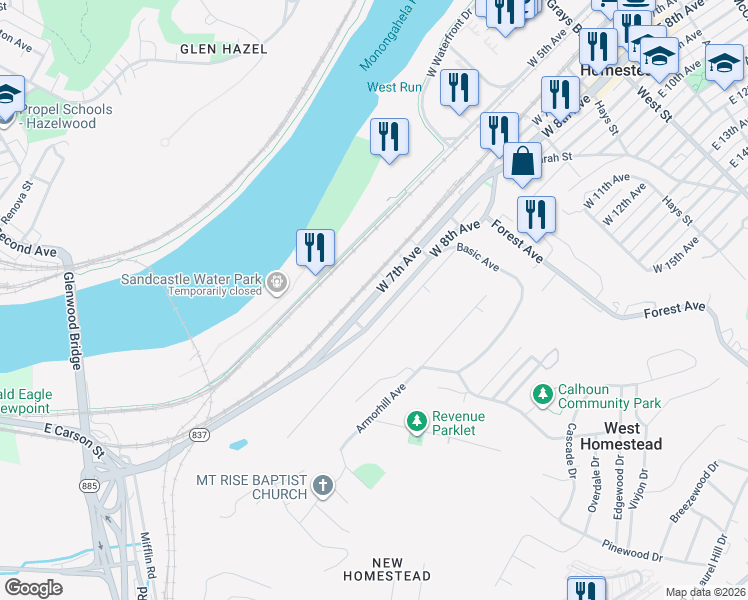 map of restaurants, bars, coffee shops, grocery stores, and more near 620 West 7th Avenue in West Homestead