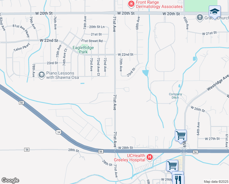 map of restaurants, bars, coffee shops, grocery stores, and more near 2435 71st Avenue in Greeley
