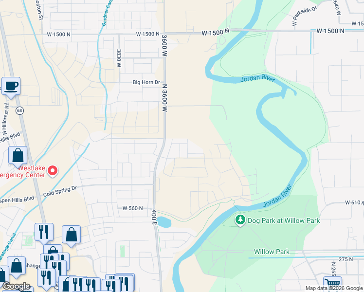 map of restaurants, bars, coffee shops, grocery stores, and more near 886 North 3540 West in Lehi