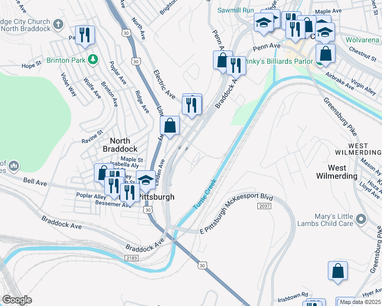 map of restaurants, bars, coffee shops, grocery stores, and more near 700 Braddock Avenue in East Pittsburgh