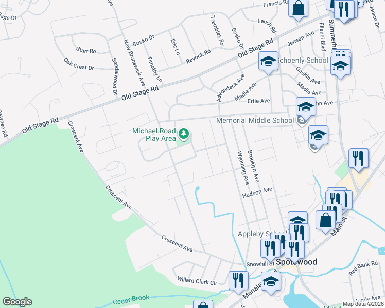 map of restaurants, bars, coffee shops, grocery stores, and more near 77 Michael Road in Spotswood