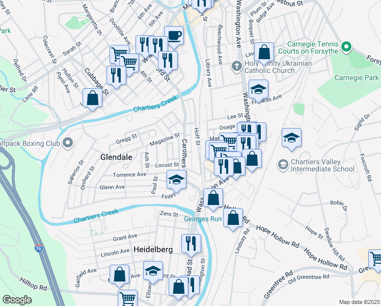 map of restaurants, bars, coffee shops, grocery stores, and more near 532 Center Street in Carnegie