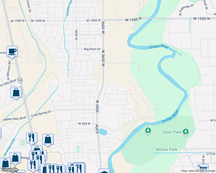 map of restaurants, bars, coffee shops, grocery stores, and more near 858 Pheasant Run Lane in Lehi