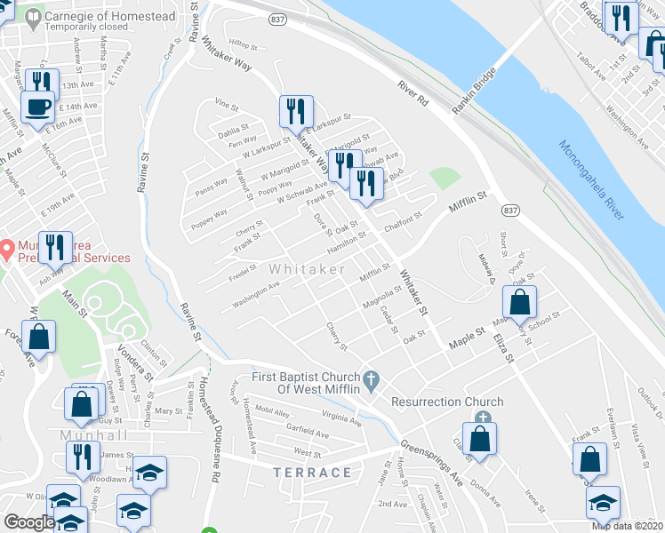 map of restaurants, bars, coffee shops, grocery stores, and more near 201 George Street in Homestead