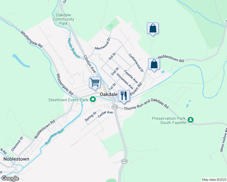 map of restaurants, bars, coffee shops, grocery stores, and more near 55 Bridge Street in Oakdale