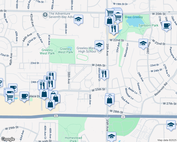 map of restaurants, bars, coffee shops, grocery stores, and more near 3750 West 24th Street in Greeley