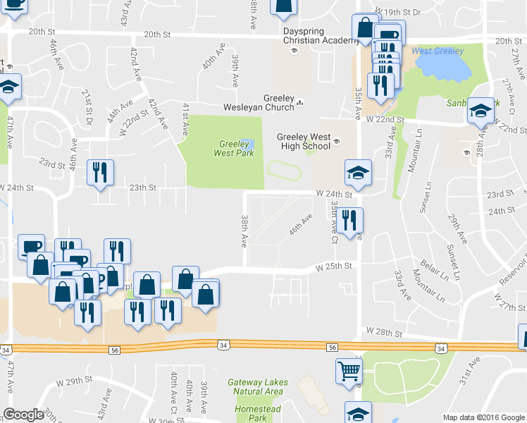 map of restaurants, bars, coffee shops, grocery stores, and more near 3770 West 24th Street in Greeley
